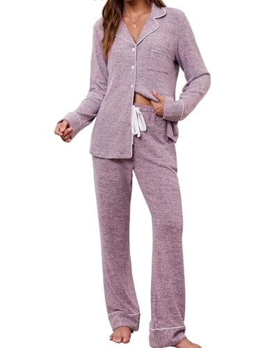 Leikar Button Up Pajama Set For Women Long Sleeve Shirt And Pajama Pants Soft Pjs Lounge Sets - color: A-thickened Pink, size: Small