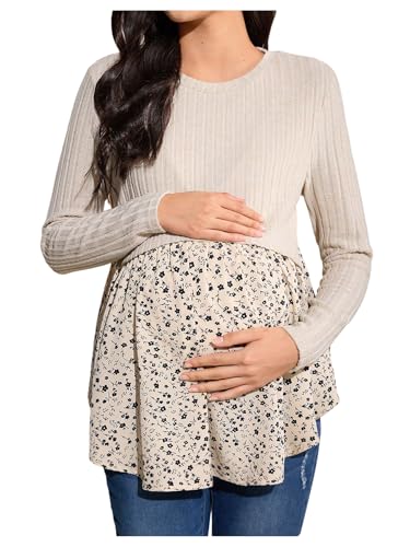 OYOANGLE Women's Maternity Crewneck Long Sleeve Top Floral Patchwork Breastfeeding Shirts
