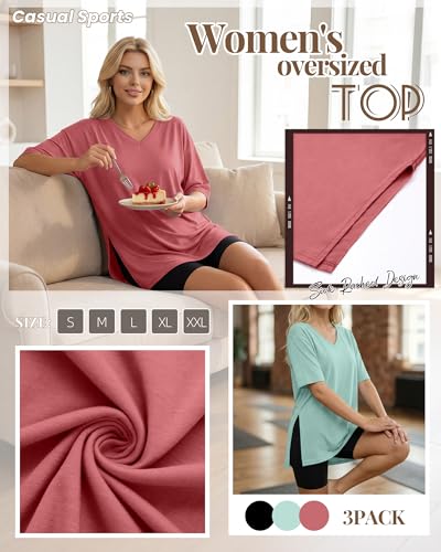 Huukeay 3 Pack Oversized Shirts for Women V Neck - color: Black, Gray Green, Brick Red, size: Medium