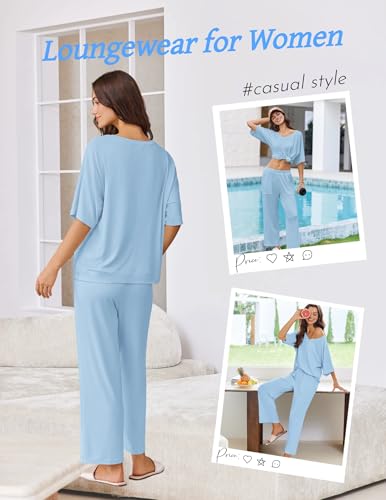 Ekouaer Lounge Sets for Women Comfy Pajamas Set 2 Piece Outfits - color: Clear Blue, size: X-Large