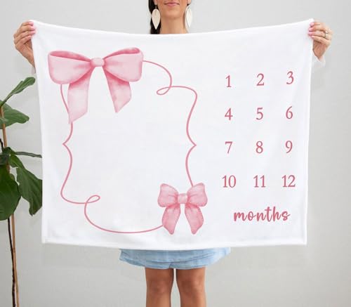 Pink Bow Milestone Blanket, Girl Bowknot Baby Growth Chart Monthly Blanket - color: Bow
