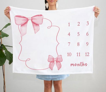 Pink Bow Milestone Blanket, Girl Bowknot Baby Growth Chart Monthly Blanket - color: Bow