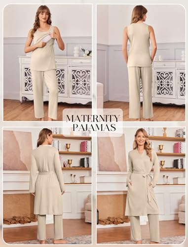 Maternity Sets Labor and Delivery Gown Postpartum Essentials Nursing Pajama - color: Champagne, size: X-Large