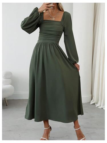 Floerns Women's Square Neck Lantern Long Sleeve Split Ruched Midi Dresses - color: Green, size: Large