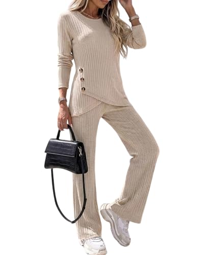 CHICME Womens 2 Piece Lounge Set Button Down Top Wide Leg Pants - color: A-apricot, size: Medium