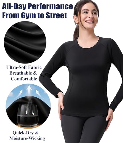 Women Long Sleeve Compression Shirts Underscrubs Workout Athletic Tops - color: 2 Black, size: Medium