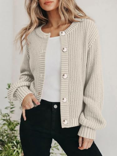 PRETTYGARDEN Women's Chunky Knit Button Up Cardigan Sweaters Outerwear - color: Beige, size: Medium