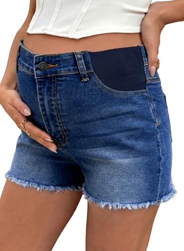 BLENCOT Maternity Jeans Shorts Frayed Hem Pregnancy Shorts Summer Clothes - color: Ashleigh Blue, size: Small