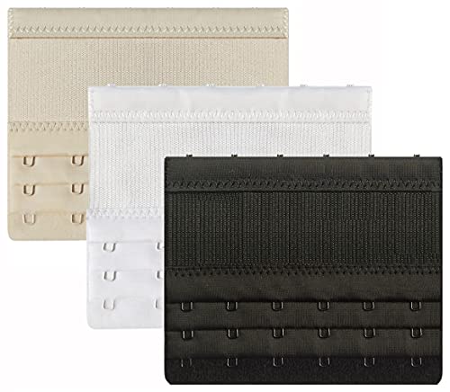 Women Elastic Bra Extenders 1-6 Hook, Bras Back Extension Strap - color: 6 Hook 3/4" Spacing,Black/White/Beige 3PCS
