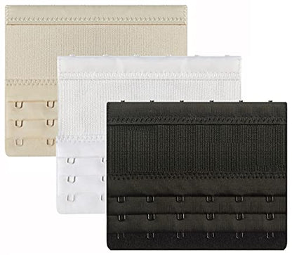 Women Elastic Bra Extenders 1-6 Hook, Bras Back Extension Strap - color: 6 Hook 3/4" Spacing,Black/White/Beige 3PCS