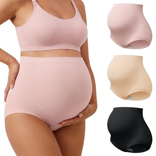 OUGES Women’s Modal 3 Pack Seamless Maternity Underwear Over Belly Stretchy High Waist Soft Pregnancy Postpartum Panties - color: Black+pink+nude, size: Large