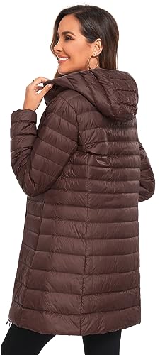 Obosoyo Women's Winter Packable Down Jacket Plus Size Ultralight Long Down Outerwear Puffer Jacket Hooded Coat - color: Coffee, size: X-Large