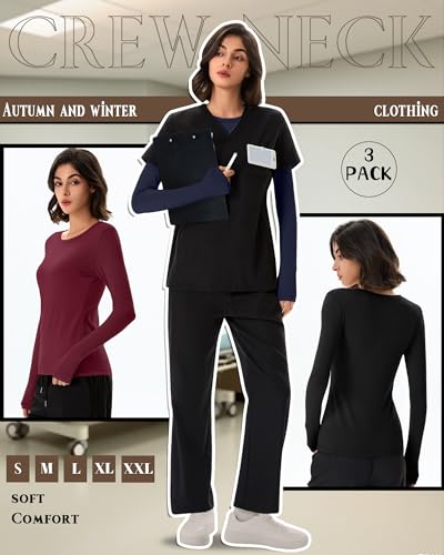 Neer 3 Pack Womens Long Sleeve Underscrub Shirts - color: Black, Navy Blue, Wine Red, size: X-Small