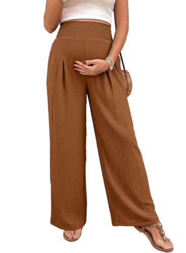 BLENCOT Women's Maternity Pants Smocked Palazzo Pregnancy Trousers - color: Camel, size: Medium