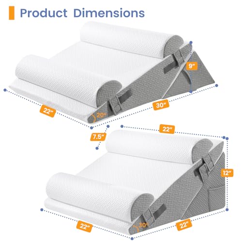 Sasttie Adjustable Wedge Pillow Set for After Surgery, Dark Grey & White - color: Dark Grey & White, size: Adjustable 9&12 Inch + 2 Head Pillows