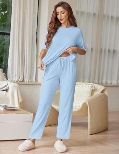 Ekouaer Lounge Sets for Women Soft Comfy Pajama Set 2 Piece Outfits - color: Clear Blue, size: Medium