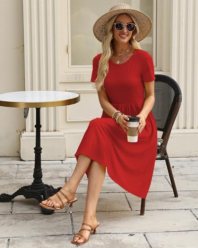 COSSEN Women's 2026 Summer Midi Dress Crew Neck Short Sleeve - color: B03-red, size: Medium