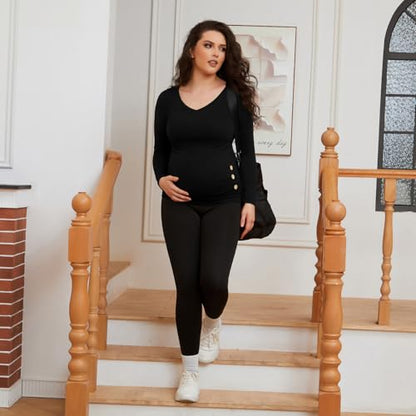 GINKANA Maternity Shirt Long Sleeve Basic Top Ruch Sides Buttons Tshirt for Pregnant - color: Black, size: Medium