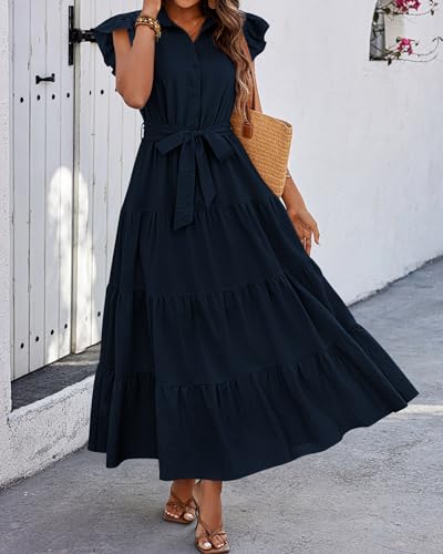 dowerme Women Ruffle Sleeve Button Belted Boho Maxi Dress - color: Navy, size: X-Large