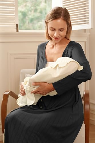 OUGES Cotton Blend Maternity Pajamas Nightgown Button Down Nursing Gown Labor Delivery Breastfeeding Dress with Pockets - color: Black, size: Large