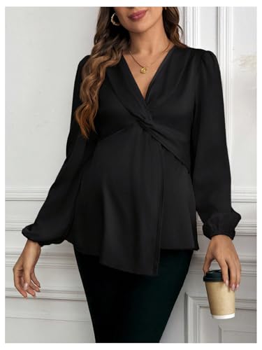 MakeMeChic Women's Maternity Shirts Blouse Satin Work Clothes Babydoll Tops - color: Black, size: Medium