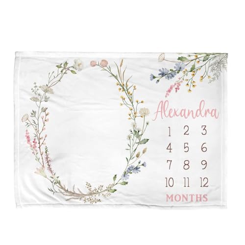 Customized Flowers Milestone Blanket, Baby Girl Personalized Wildflower Gift, Soft Wildflower Newborn Photo Blanket, Floral Name Baby Blanket - color: Wildflower#5