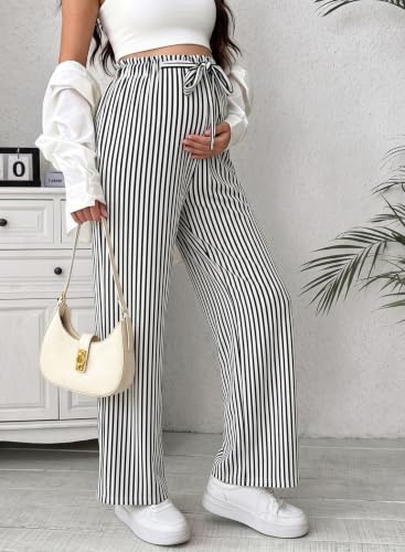 BLENCOT Striped Maternity Pants Tie Waist Fall Pregnancy Postpartum Outfits - color: Black, size: Large
