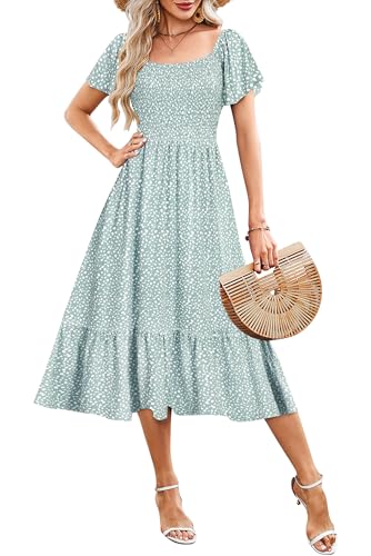 AUSELILY Women's Summer Smocked Short Sleeve Midi Dress 2026 - color: Green Spot, size: Large