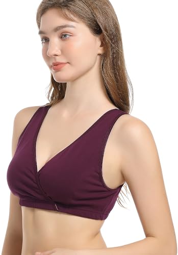 CAKYE 3 Pack Cotton Maternity Nursing Bras Breastfeeding Sleep Bralette - color: A-burgundy+navy+charcoal/3pcs, size: X-Large