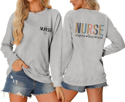 Nurse Sweatshirts for Women Nurse Inspire Love Heal Inspirational Pullovers - color: Grey, size: Medium