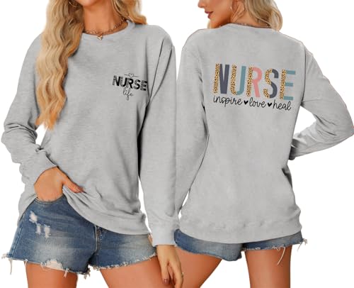 Nurse Sweatshirts for Women Nurse Inspire Love Heal Inspirational Pullovers - color: Grey, size: X-Large