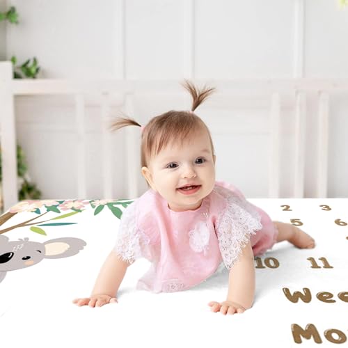 Cute Climbing Koala Baby Monthly Milestone Blanket Cartoon Floral Tree