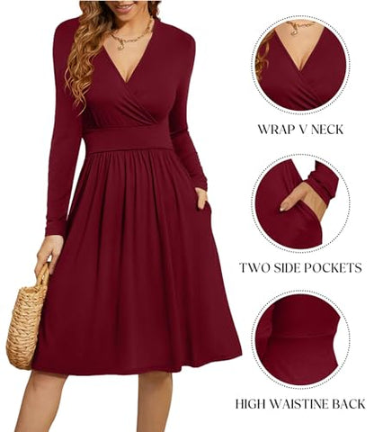WEACZZY Women's Long Sleeve V Neck Casual Fall Dresses with Pockets - color: 01 Long Sleeve Wine Red, size: XX-Large