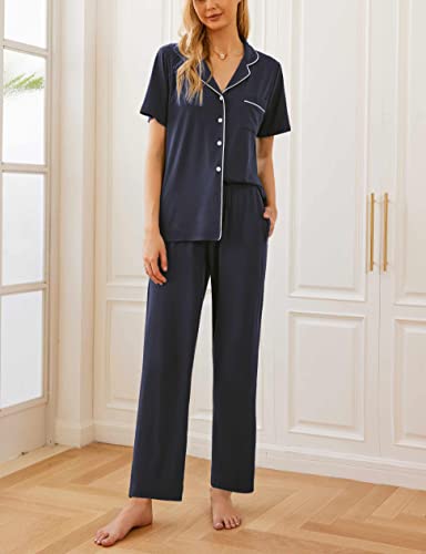 Ekouaer Womens Pajamas Set Short Sleeve Button Down Top & Pants Lounge Pjs - color: Navy Blue, size: XX-Large