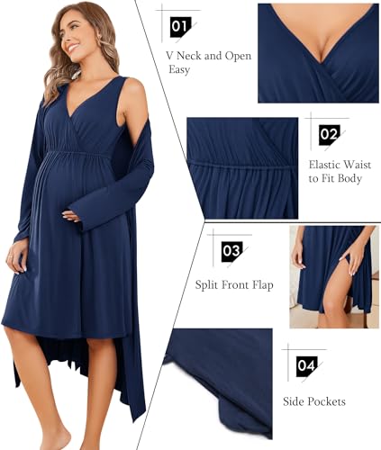 Ekouaer Maternity Nursing Gown and Robe Set Labor Delivery Nightgowns - color: Navy Blue, size: X-Large
