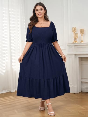CICIDUDU Plus Size Casual Summer Milkmaid Maxi Dresses for Curvy Women - color: Navy Blue, size: XX-Large Plus