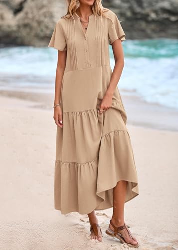 KIRUNDO Summer Maxi Dresses for Women with Pockets 2026 - color: Khaki, size: Medium