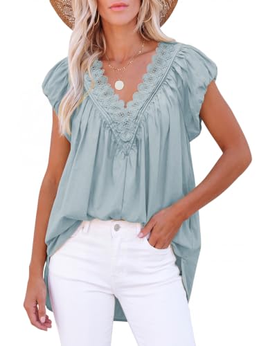 Senllen Womens V Neck Babydoll Tops Puff Short Sleeve Flowy Tunic Shirts - color: Pastel Blue, size: Medium