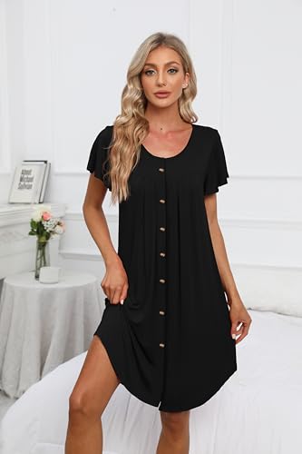 Womens Button Down Nightgown Pleated Front Short Sleeve Sleepshirt - color: A-solid - Black, size: X-Large