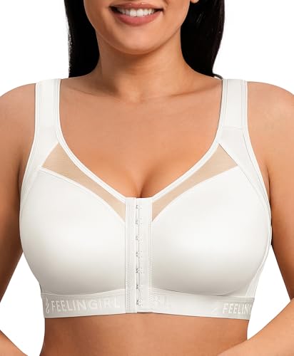 FeelinGirl Front Closure Post Surgery Compression Bra with Adjustable Straps Wireless Breast Augmentation Post Op Bras - color: White, size: Medium