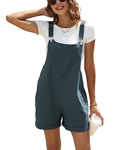 Ailoqing Womens Cotton Linen Short Overalls Casual Summer Bib Shortalls Rompers with Pockets - color: Bluegrey, size: Medium