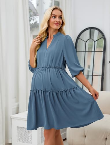 Angashion Women's Maternity Nursing Dress: V-Neck Hidden Zipper Pockets - color: Gray Blue, size: Small