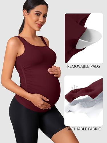 ATTRACO Maternity Tank Tops Seamless Side Ruche Sleeveless Pregnancy Basic Shirt with Built in Bra - color: Wine, size: Medium