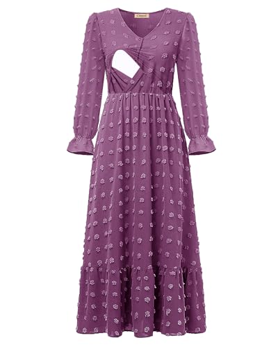 CzzzyL Women Nursing Boho Maxi Dress Swiss Dot Smocked with Pockets - color: Purple, size: Medium