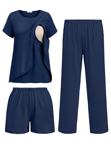 Ekouaer 3 PCS Maternity Nursing Pajamas Set Postpartum Breastfeeding PJS - color: Navy Blue, size: XX-Large