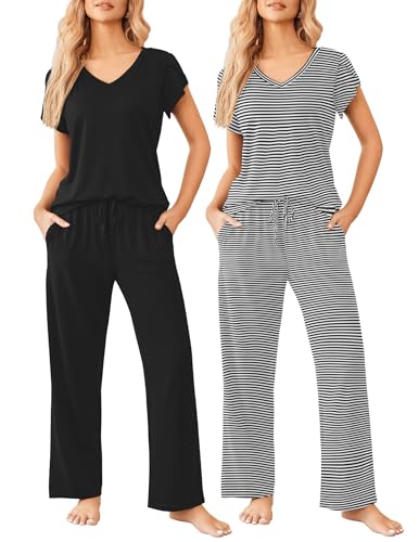 Ekouaer 2 Pack Womens Pajama Set Short Sleeve Sleepwear Soft Pjs Lounge Set - color: Black/Black Stripe, size: Small