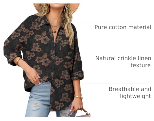 Zeagoo Womens Button Down Shirts Long Sleeve Casual Cotton Gauze Tops - color: Black Hawaiian, size: Small