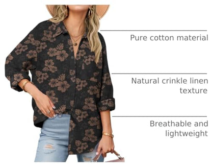 Zeagoo Womens Button Down Shirts Long Sleeve Casual Cotton Gauze Tops - color: Black Hawaiian, size: Small