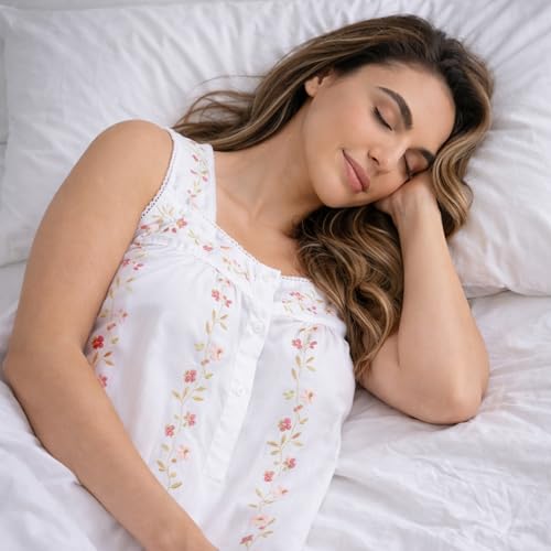 Dreamcrest Women's Sleeveless Nightgown, Floral Embroidered Cotton Blend Waltz Sleep Dress with Button Front - color: White, size: Medium