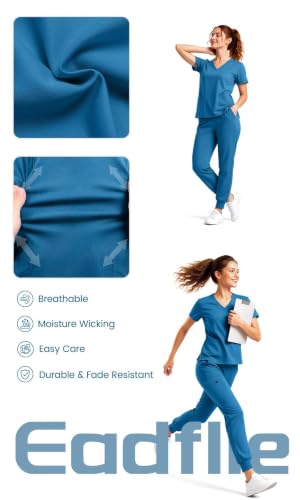 Scrubs for Women Set, V-Neck Top & Jogger Pants - color: Caribbean Blue, size: Large